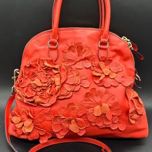 Authentic Valentino Garavani Coral Red Napa Leather Flower Bag Purse Handbag